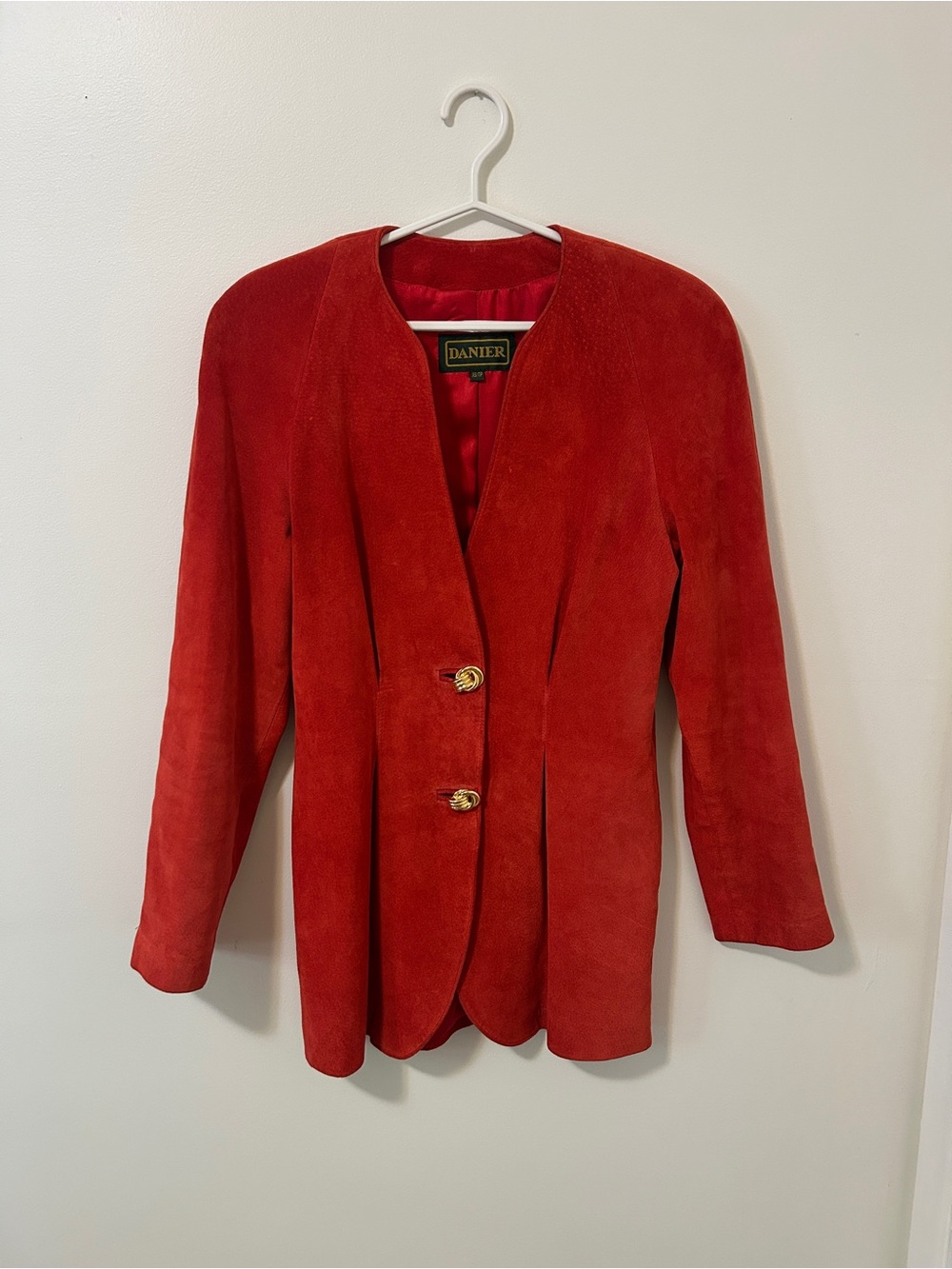 Vintage Danier Red Suede Collarless Blazer Jackey with Gold Buttons- XS